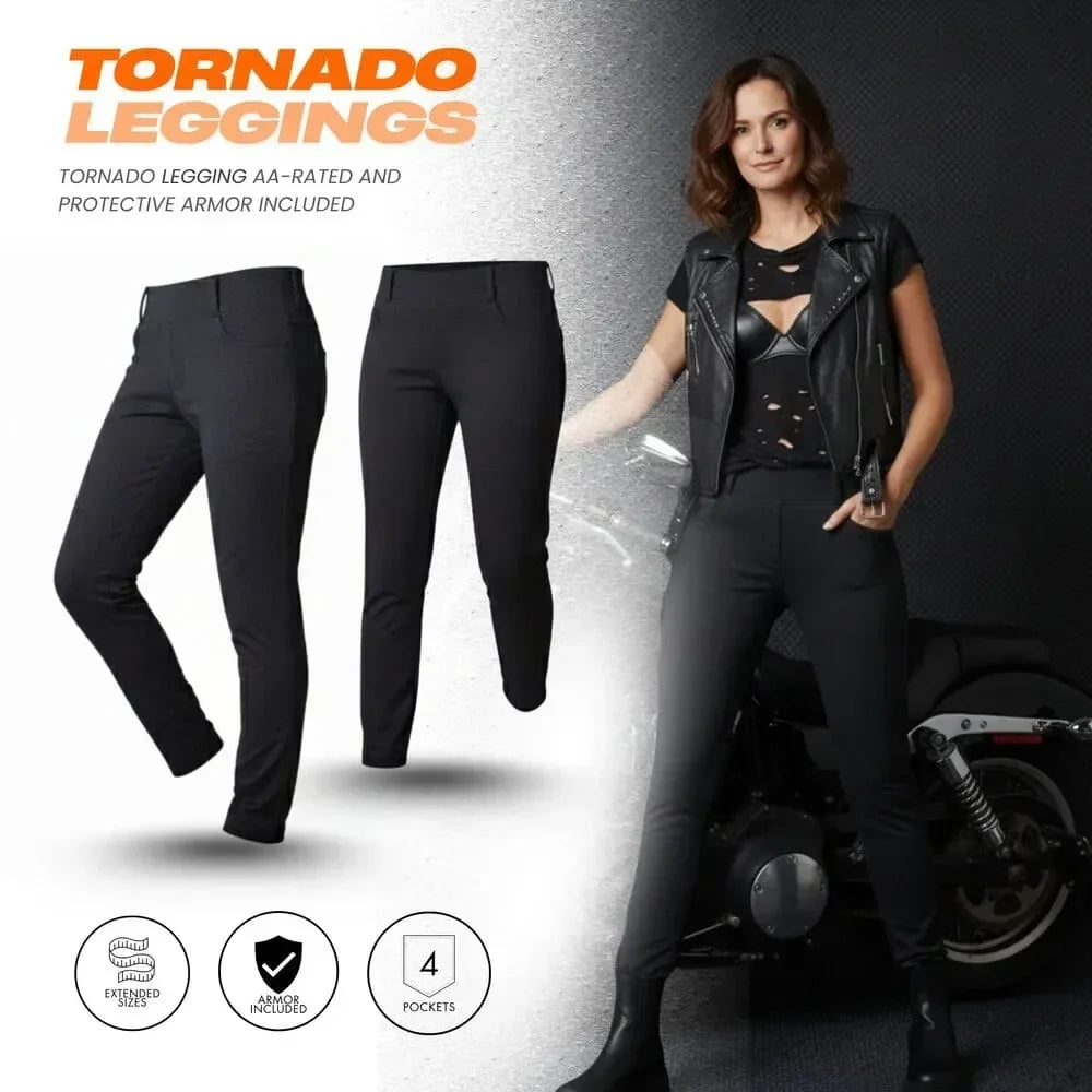 Tornado leggings with protective armor included, shown on a model and displayed with motorcycle.