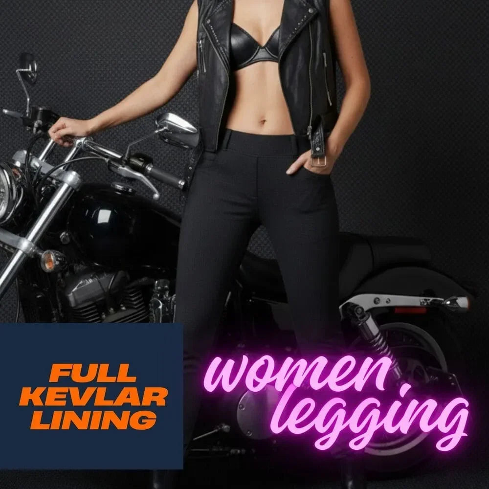 Person wearing black leggings and leather vest standing next to a motorcycle with text about Kevlar lining.