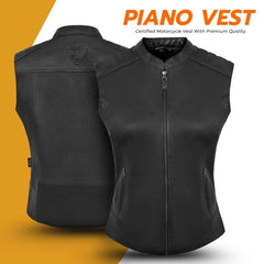 Black women leather vest shown from front and back on a gradient background with 'Piano Vest' branding.