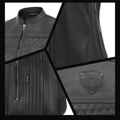 Collage of a black women leather vest with detailed stitching and brand logo.
