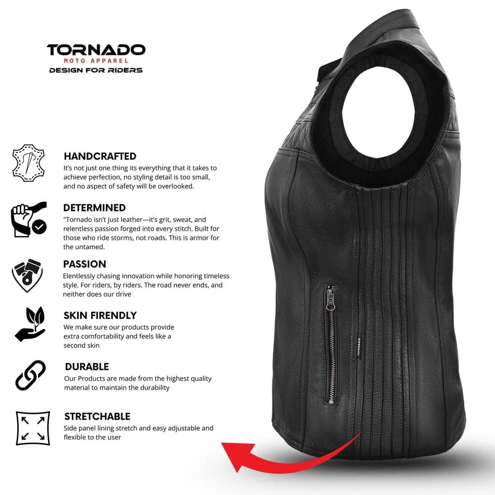 Black women leather vest with Tornado Moto Apparel branding and product features on a white background