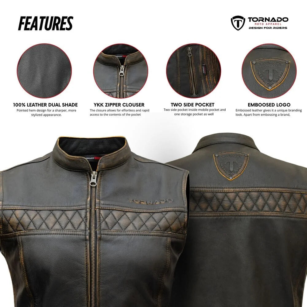 brown women leather vest with features highlighted on a white background, featuring the Tornado brand.
