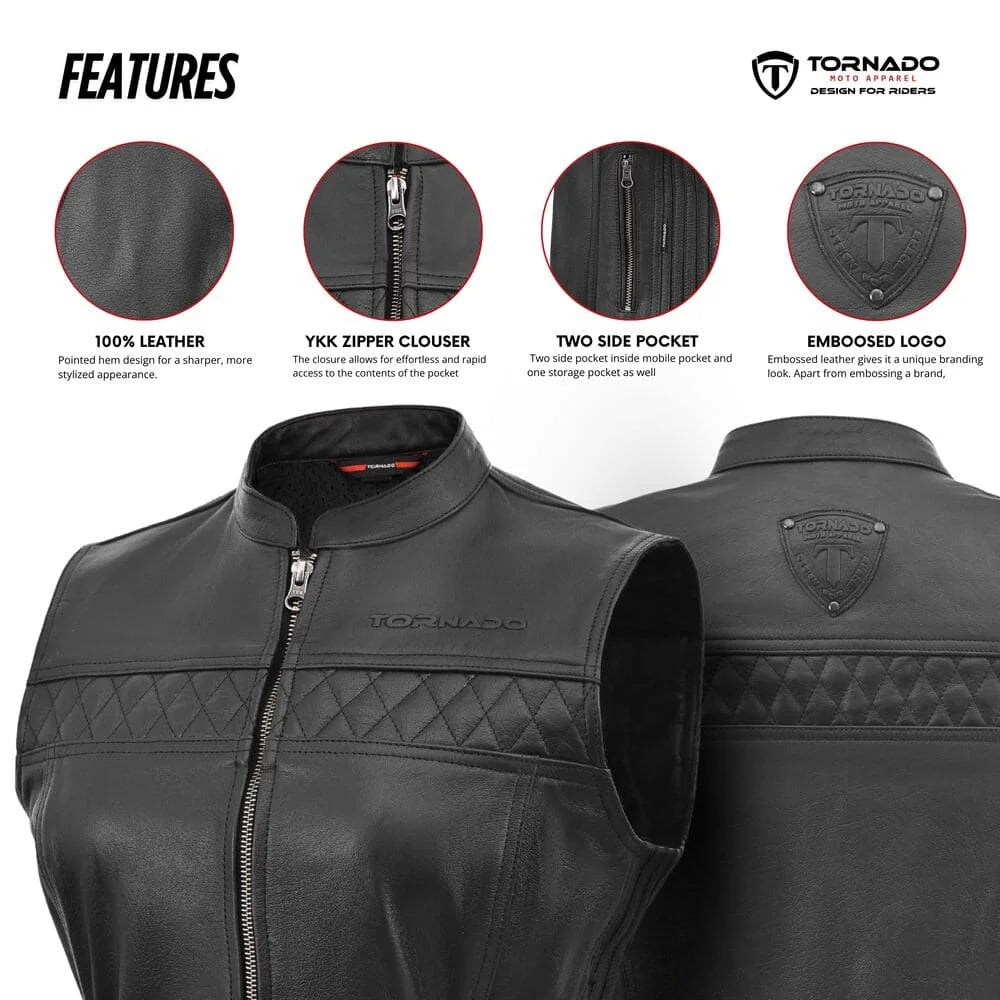 Black women leather vest with features highlighted on a white background, branded as Tornado.