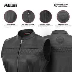 Black women leather vest with features highlighted on a white background, branded as Tornado.