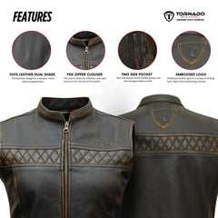 brown women leather vest with features highlighted on a white background, featuring the Tornado brand.