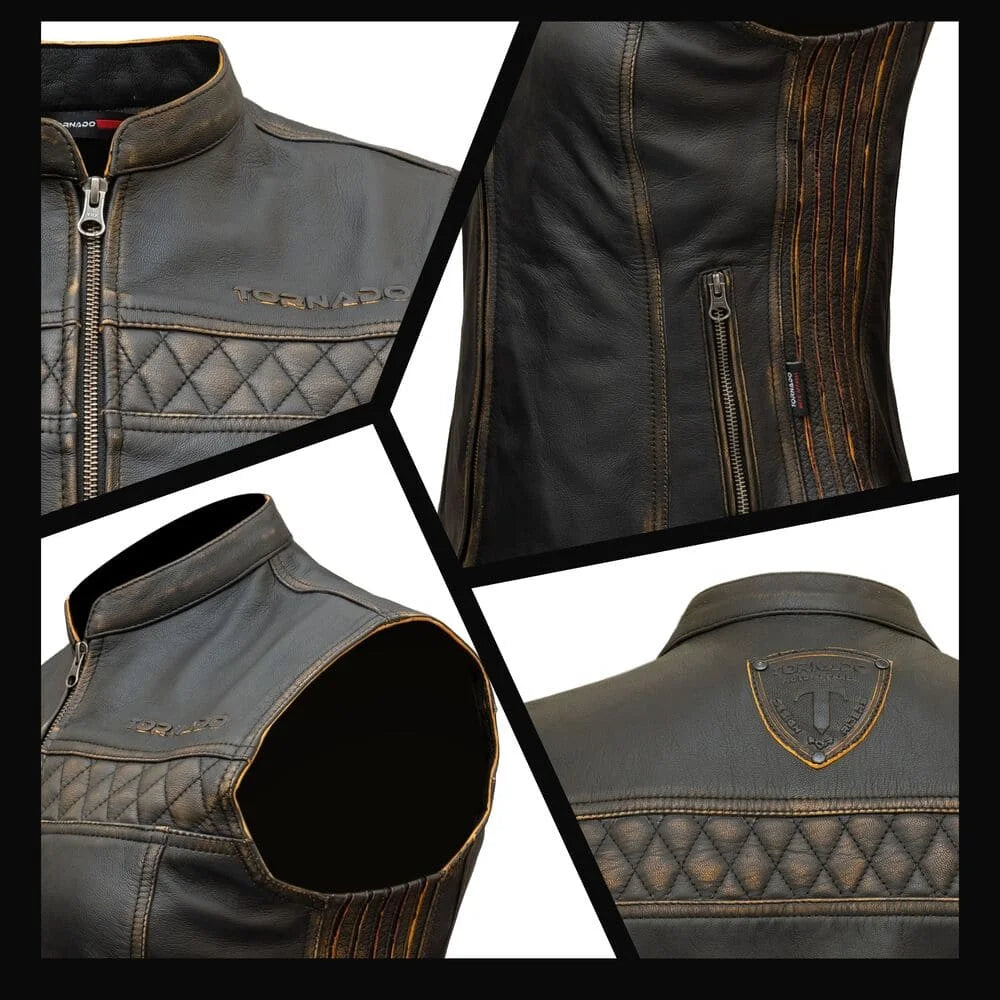 Collage of a brown women leather vest with stitching details on a white background