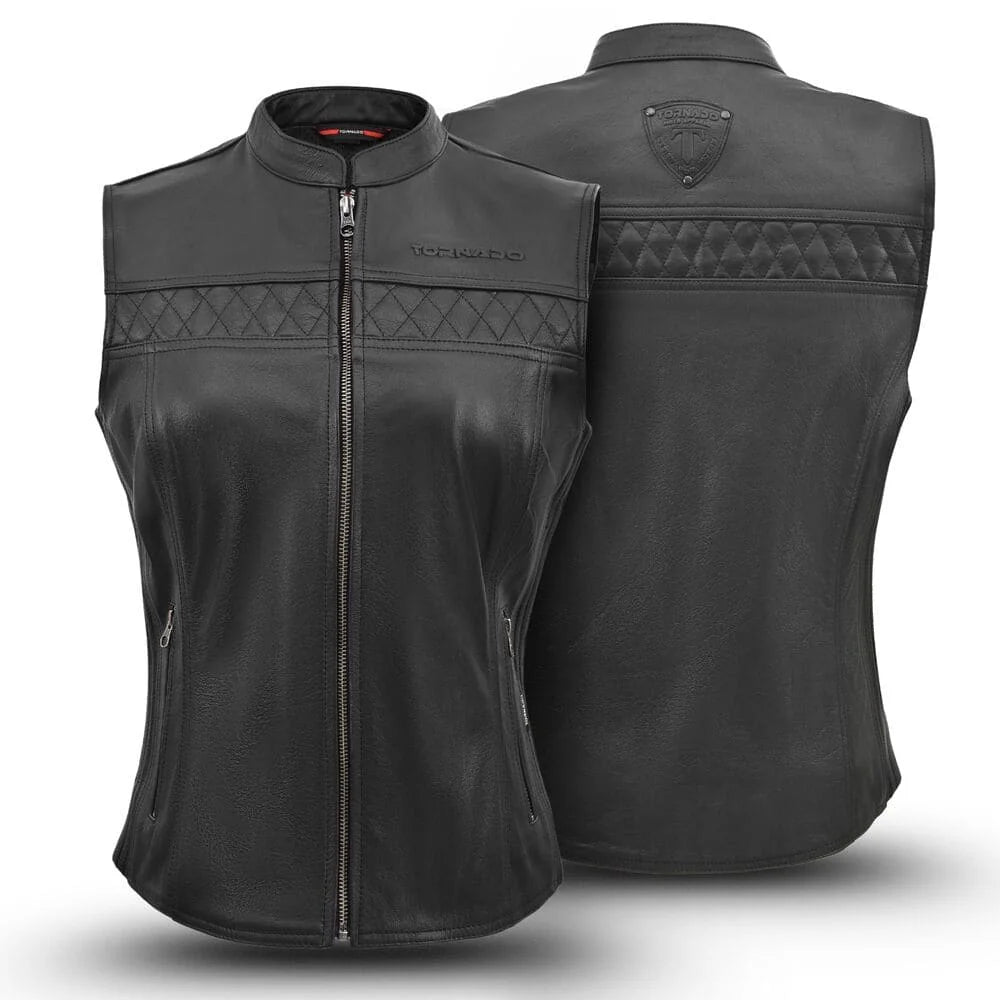 Black women leather vest with diamond pattern on a white background