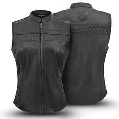 Black women leather vest with diamond pattern on a white background