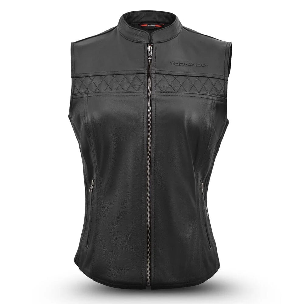 Black women leather vest with diamond pattern on a white background