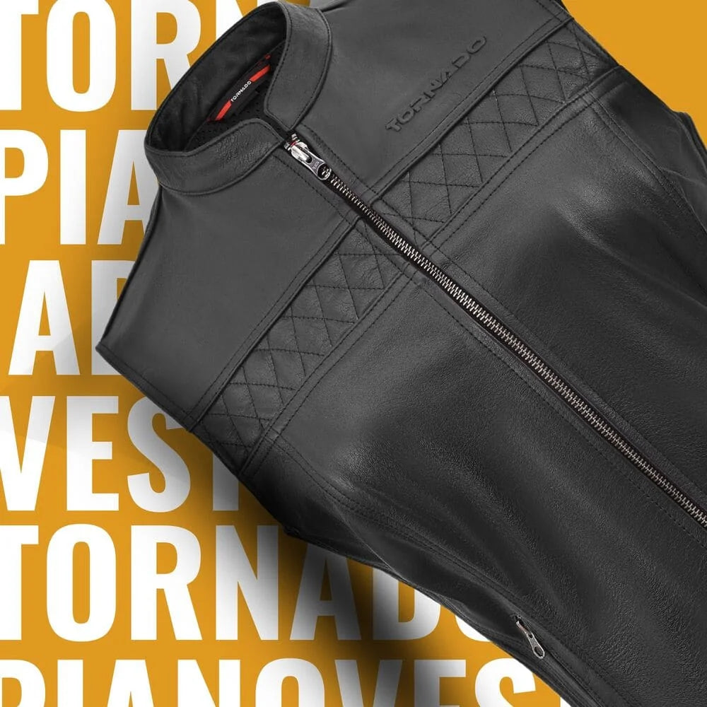 Black women leather vest with quilted design on a yellow background with brand name.