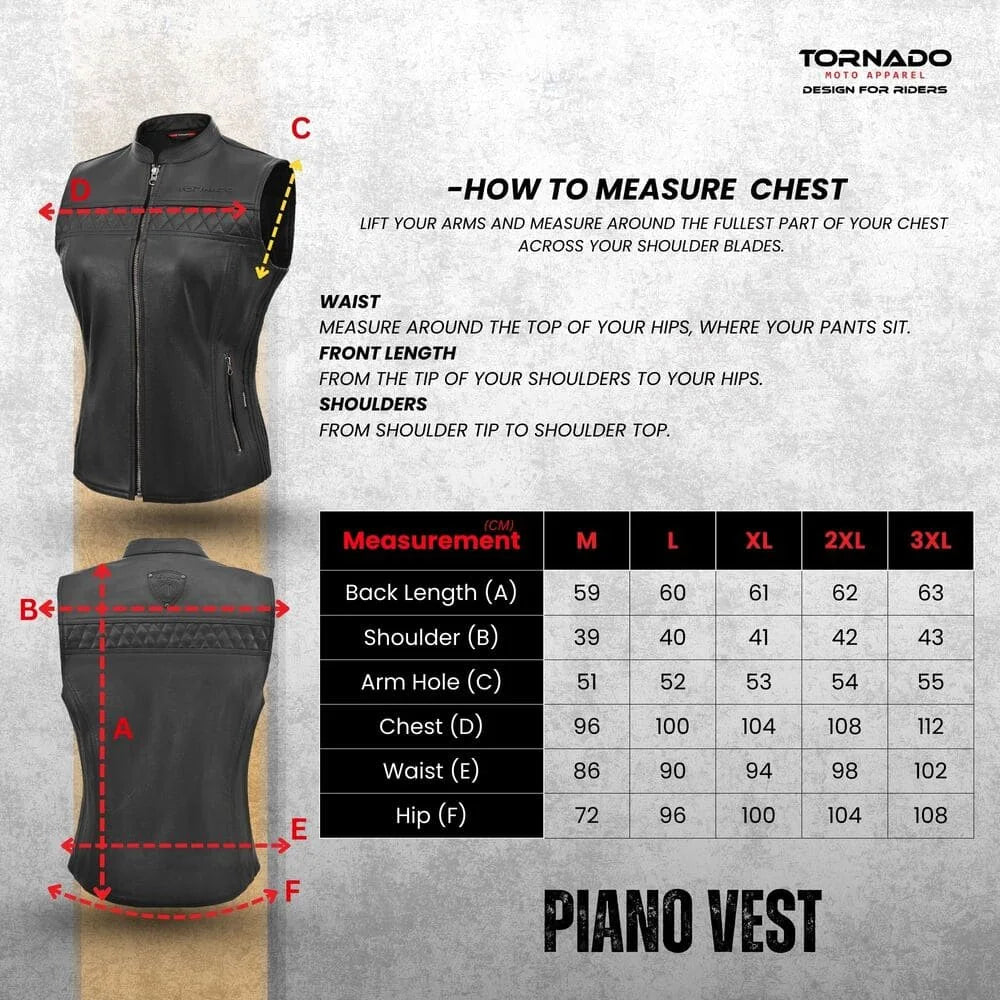 Measurement guide for a black women leather vest with Tornado brand on a gray background