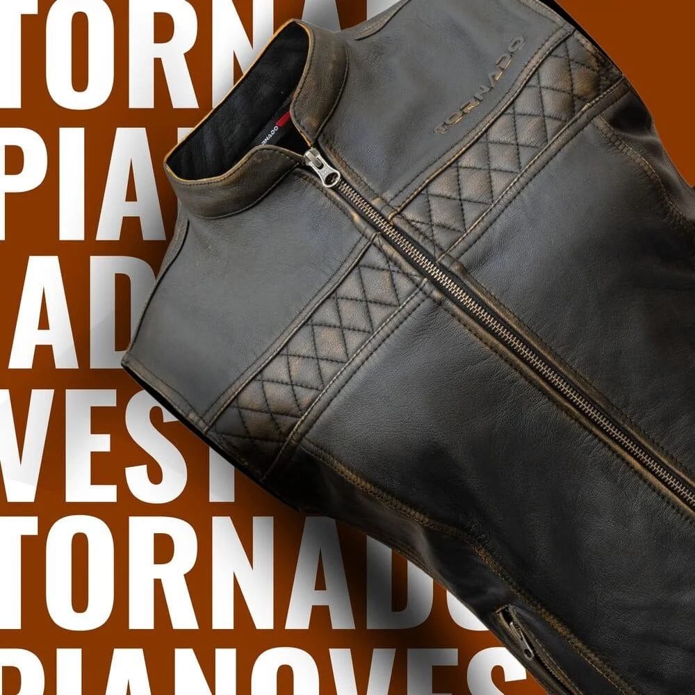 Brown women leather vest with quilted design on a brown background with text.