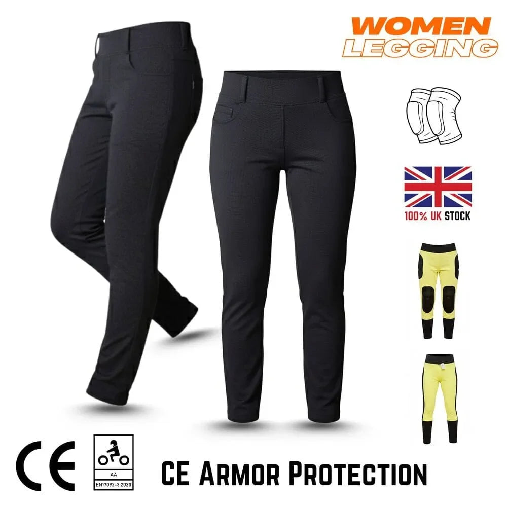 Black leggings with CE armor protection certification on a white background