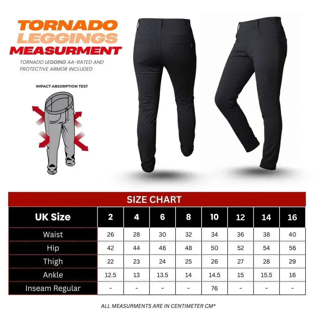 Tornado leggings with size chart on a white background