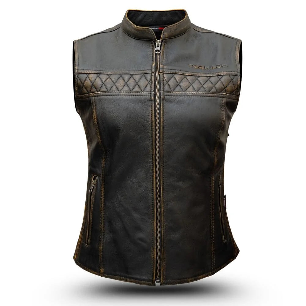 Brown women leather vest with quilted design on a white background