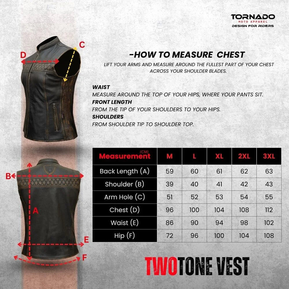 Measurement guide for a brown women leather vest with size chart on a gray background