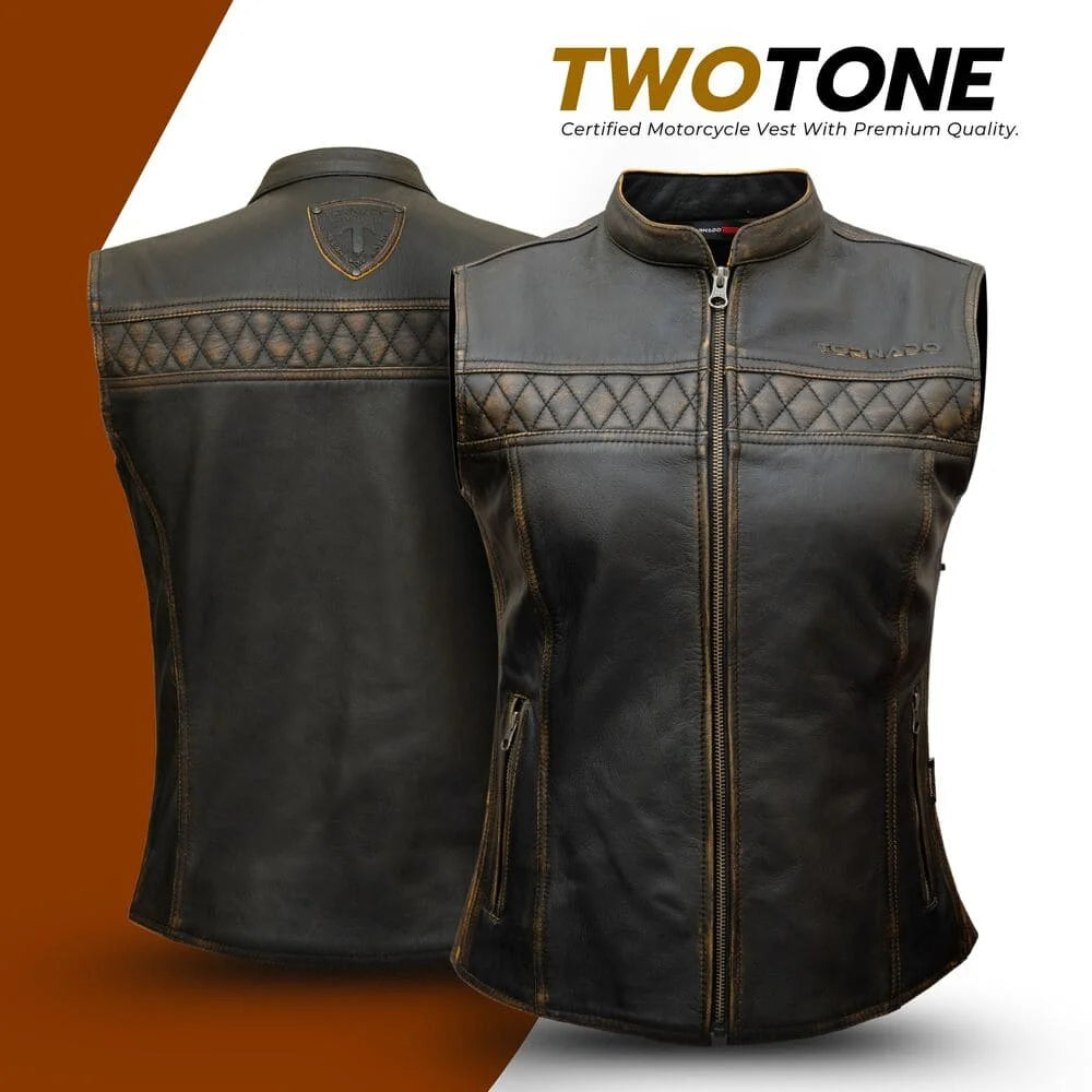 Brown women leather vest with diamond pattern on a gradient background, featuring the 'Twotone' brand.