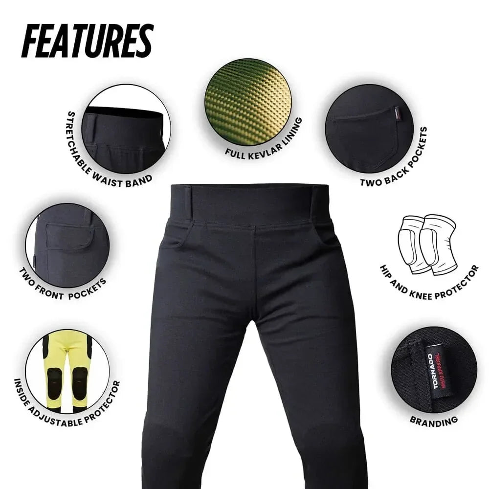 Black women kevlar legging with features highlighted on a white background